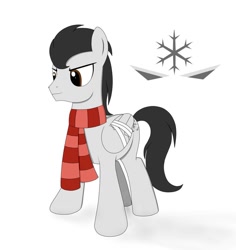 Size: 869x920 | Tagged: safe, artist:blazeburn386, oc, oc only, oc:snowblade, pegasus, bandage, clothes, cutie mark, damaged, digital art, male, paint tool sai, scarf, simple background, smiling, snow, solo, stallion, standing, white background, wings, winter, winter outfit