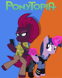 Size: 3569x4500 | Tagged: safe, artist:ejlightning007arts, tempest shadow, twilight sparkle, twilight sparkle (alicorn), alicorn, unicorn, bipedal, broken horn, clothes, crossover, female, hawaiian shirt, horn, judy hopps, lesbian, magic, nick wilde, phone, police uniform, shipping, shirt, telekinesis, tempestlight, zootopia