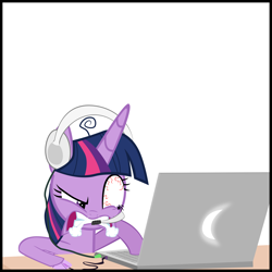 Size: 2000x2000 | Tagged: safe, artist:mrkat7214, twilight sparkle, twilight sparkle (alicorn), alicorn, pony, comic:twilight vs. computer, angry, annoyed, bloodshot eyes, computer, computer mouse, headphones, headset, laptop computer, simple background, snorting, solo, white background