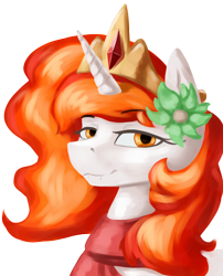 Size: 2426x3000 | Tagged: safe, artist:dukevonkessel, oc, alicorn, alicorn oc, bust, clothes, commission, fangs, female, flower, flower in hair, jewelry, portrait, regalia, scarf, simple background, smiling, solo, transparent background