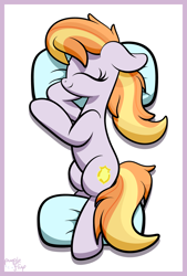 Size: 2100x3100 | Tagged: safe, artist:kimjoman, copper top, earth pony, pony, commission, cute, eyes closed, female, lying down, on side, pillow, smiling, solo