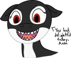 Size: 1453x1179 | Tagged: safe, artist:poniidesu, oc, oc only, oc:anon, orca, orca pony, original species, /mlp/, bust, compliment, female, grin, looking at you, maw, open mouth, portrait, red eyes, sharp teeth, simple background, smiling, solo, speech, teeth, text, transparent background