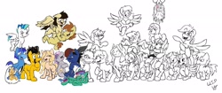 Size: 2048x862 | Tagged: safe, artist:lucas_gaxiola, oc, oc only, oc:charmed clover, oc:digibrony, oc:dusty katt, oc:eilemonty, oc:feather, oc:ilovekimpossiblealot, oc:ink rose, oc:mandopony, oc:mic the microphone, oc:overhaul, oc:rachet, oc:saberspark, oc:scotty, oc:steve, oc:usagi, earth pony, pegasus, pony, unicorn, body pillow, earth pony oc, eilemonty, female, flying, grin, group, horn, lineart, male, mare, partial color, pegasus oc, ponified, progress, raised hoof, sibsy, sketch, smiling, stallion, tara strong, unicorn oc, upside down, wings, wip