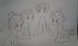 Size: 2560x1536 | Tagged: safe, artist:peternators, biscuit, pistachio, sandbar, star tracker, earth pony, pony, male, me and the boys, monochrome, sitting, sketch, smiling, teenager, traditional art