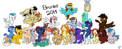 Size: 3856x1564 | Tagged: safe, artist:lucas_gaxiola, oc, oc only, oc:charmed clover, oc:digibrony, oc:eilemonty, oc:feather, oc:ilovekimpossiblealot, oc:ink rose, oc:mandopony, oc:mic the microphone, oc:overhaul, oc:rachet, oc:saberspark, oc:scotty, oc:steve, oc:usagi, earth pony, pegasus, pony, unicorn, earth pony oc, eilemonty, female, flying, grin, group, horn, male, mare, pegasus oc, ponified, raised hoof, sibsy, sketch, smiling, stallion, tara strong, unicorn oc, upside down, wings