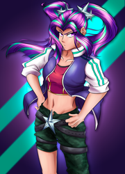 Size: 1442x2000 | Tagged: safe, artist:mandy1412, aria blaze, human, equestria girls, rainbow rocks, belly button, clothes, eye clipping through hair, female, hand on hip, human coloration, humanized, jacket, looking at you, solo