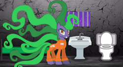 Size: 4340x2370 | Tagged: safe, artist:kayman13, mane-iac, pony, bars, bed, cell, clothes, female, grin, jail, looking at you, mare, prison, prison outfit, sink, smiling, toilet, window