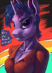 Size: 1000x1400 | Tagged: safe, artist:eqlipse, twilight sparkle, oc, oc:acesential, alicorn, anthro, female, implied transformation, implied transgender transformation, mare, painterly