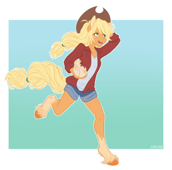 Size: 966x954 | Tagged: safe, artist:j3r1k0, derpibooru exclusive, applejack, anthro, bird, chicken, earth pony, unguligrade anthro, applejack's hat, clothes, cowboy hat, denim shorts, ear fluff, female, happy, hat, hooves, mare, open mouth, running, shirt, shorts, smiling, solo, stetson, tail, unshorn fetlocks