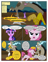 Size: 612x792 | Tagged: safe, artist:newbiespud, derpibooru import, edit, edited screencap, screencap, discord, pinkie pie, twilight sparkle, unicorn twilight, draconequus, earth pony, pony, unicorn, comic:friendship is dragons, the return of harmony, angry, comic, d:, dialogue, discorded, evil laugh, female, frown, laughing, male, mare, open mouth, screencap comic