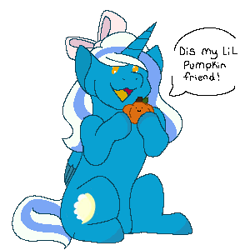 Size: 300x300 | Tagged: safe, artist:sanibear, oc, oc:fleurbelle, alicorn, pony, alicorn oc, bow, female, golden eyes, hair bow, halloween, holding, holiday, mare, pumpkin, simple background, transparent background