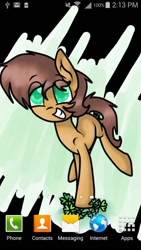 Size: 576x1024 | Tagged: safe, artist:mcwolfity, oc, oc only, oc:charmed clover, clover, eye clipping through hair, four leaf clover, grin, male, phone screen, smiling, solo, stallion