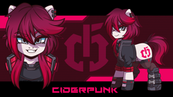 Size: 3840x2160 | Tagged: safe, artist:ciderpunk, oc, oc:ciderpunk, pony, boots, clothes, cutie mark background, cyberpunk, dreamworks face, ear piercing, earring, eyeshadow, gloves, jacket, jewelry, looking at you, makeup, piercing, shoes