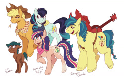 Size: 1280x805 | Tagged: safe, artist:overlordneon, applejack, coloratura, oc, oc:apple jam, oc:jonagold chorale, oc:lil' timbre, earth pony, pony, bandana, colt, cowboy hat, family, female, filly, foal, guitar, hat, lesbian, magical lesbian spawn, male, mare, musical instrument, next generation, offspring, parent:applejack, parent:coloratura, parents:rarajack, rarajack, shipping, simple background, stallion, straw in mouth, white background