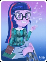 Size: 696x913 | Tagged: safe, alternate version, artist:artmlpk, sci-twi, twilight sparkle, equestria girls, big smile, blushing, book, chic, clothes, cute, female, looking at you, nerd, nerdy, noise, old school, old timey, older, peace sign, smiley face, socks, solo, twiabetes, uniform