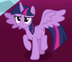 Size: 720x621 | Tagged: safe, screencap, twilight sparkle, twilight sparkle (alicorn), alicorn, pony, sparkle's seven, cropped, female, mare, raised hoof, smiling, spread wings, wings