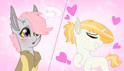 Size: 2052x1183 | Tagged: safe, artist:koloredkat, oc, oc only, oc:eris, oc:zircon, hybrid, pony, unicorn, :o, blushing, chest fluff, colt, female, grin, heart, horn, interspecies offspring, magical lesbian spawn, male, not eris, oc x oc, offspring, open mouth, parent:applejack, parent:discord, parent:fluttershy, parent:rarity, parents:discoshy, parents:rarijack, raised hoof, shipping, smiling, speech, story included, straight, unicorn oc