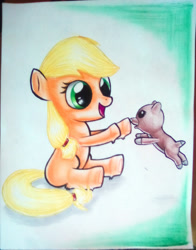 Size: 1062x1354 | Tagged: safe, artist:jonathan-c-eastwood, applejack, winona, earth pony, pony, cute, duo, female, filly, filly applejack, jumping, puppy, sitting, traditional art, winonabetes, younger