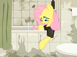 Size: 1750x1311 | Tagged: safe, artist:aaronmk, fluttershy, pegasus, pony, bathroom, bathtub, clothes, faucet, shirt, toilet, toilet paper, vector, water