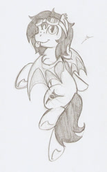 Size: 612x987 | Tagged: safe, artist:ravenpuff, oc, oc only, oc:puffy, bat pony, pony, :p, bat pony oc, female, freckles, goggles, grayscale, mare, monochrome, slit eyes, solo, tongue out, traditional art, underhoof