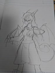 Size: 1080x1440 | Tagged: safe, artist:omegapony16, oc, oc only, oc:oriponi, anthro, digitigrade anthro, dragon, clothes, dragon oc, dragoness, female, irl, lineart, lined paper, photo, solo, traditional art