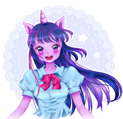 Size: 1181x1149 | Tagged: safe, artist:mare-luna, twilight sparkle, equestria girls, abstract background, blushing, bust, circle background, cute, ear fluff, female, horn, looking at you, open mouth, ponied up, solo, starry eyes, stars, twiabetes, wingding eyes