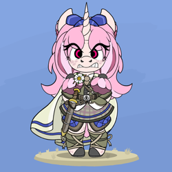 Size: 800x800 | Tagged: safe, artist:haegle hürlag, oc, oc:chalice, semi-anthro, angry, armor, belt, bow, chibi, clothes, flower, hair bow, leggings, red eyes, skirt, sword, weapon