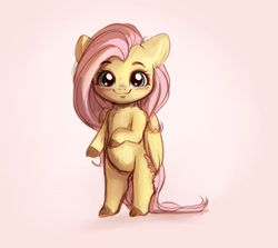 Size: 2803x2503 | Tagged: safe, artist:miokomata, fluttershy, pegasus, pony, semi-anthro, blushing, chest fluff, female, floppy ears, freckles, freckleshy, looking at you, pink background, simple background, smol