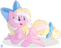Size: 1882x1480 | Tagged: safe, artist:rainbow eevee, oc, oc only, oc:bay breeze, pegasus, pony, blonde, bow, bowtie, cute, daaaaaaaaaaaw, female, gradient eyes, hair bow, happy, looking at something, looking away, mare, multicolored eyes, multicolored hair, open mouth, pegasus oc, prone, simple background, solo, spread wings, tail bow, transparent background, vector, wings