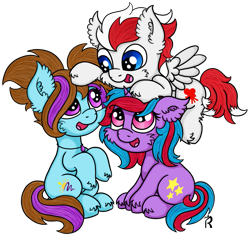 Size: 921x868 | Tagged: safe, artist:dawn-designs-art, oc, oc:cosmic spark, oc:dawn, oc:lucky knight, earth pony, pegasus, pony, unicorn, colt, cute, female, filly, friendship, group, male