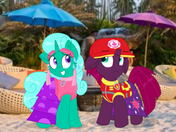 Size: 1440x1080 | Tagged: safe, artist:rainbow eevee edits, artist:徐詩珮, fizzlepop berrytwist, glitter drops, tempest shadow, unicorn, series:sprglitemplight diary, series:sprglitemplight life jacket days, series:springshadowdrops diary, series:springshadowdrops life jacket days, alternate universe, broken horn, clothes, cute, female, glittershadow, horn, lesbian, paw patrol, shipping, tempest shadow is not amused, unamused