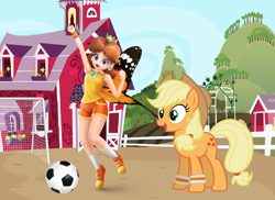 Size: 2508x1829 | Tagged: safe, artist:estories, artist:user15432, applejack, butterfly, earth pony, human, pony, ball, barely pony related, butterfly wings, clothes, crossover, crown, ear piercing, earring, female, football, human and pony, jewelry, mario sports superstars, net, nintendo, piercing, ponyville, princess daisy, regalia, shoes, soccer field, sports, sports outfit, sports shorts, sporty style, super mario bros., sweatband, sweet apple acres, training, wings