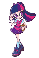 Size: 800x1200 | Tagged: safe, alternate version, artist:rvceric, sci-twi, twilight sparkle, human, equestria girls, equestria girls series, book, clothes, cuffs (clothes), cute, female, glasses, human coloration, humanized, miniskirt, open mouth, pleated skirt, ponytail, shoes, simple background, skirt, socks, solo, twiabetes, white background