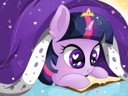 Size: 1024x768 | Tagged: safe, artist:sunshineshiny, twilight sparkle, pony, adorkable, blanket, blushing, book, chibi, crown, cute, dork, ear fluff, heart, heart eyes, jewelry, prone, reading, regalia, solo, twiabetes, weapons-grade cute, wingding eyes