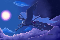 Size: 1400x933 | Tagged: safe, artist:baron engel, nightmare moon, alicorn, pony, cloud, colored, female, flying, full moon, hoof shoes, mare, moon, night, profile, sky, solo, spread wings, wings