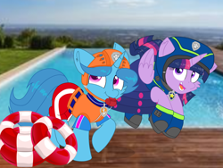 Size: 1440x1080 | Tagged: safe, artist:rainbow eevee edits, artist:徐詩珮, spring rain, twilight sparkle, twilight sparkle (alicorn), alicorn, unicorn, series:sprglitemplight diary, series:sprglitemplight life jacket days, series:springshadowdrops diary, series:springshadowdrops life jacket days, alternate universe, clothes, cute, female, lesbian, lifeguard, lifeguard spring rain, paw patrol, shipping, springlight