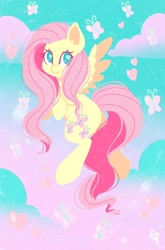 Size: 1024x1548 | Tagged: safe, artist:spookstressprincess, fluttershy, butterfly, pegasus, pony, cloud, cute, female, flying, heart eyes, mare, no pupils, shyabetes, sky, solo, two toned wings, wingding eyes, wings