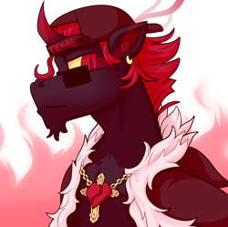 Size: 704x701 | Tagged: safe, artist:ninji, oc, oc only, oc:badheart, chains, cloak, clothes, ear piercing, earring, facial hair, fire, goatee, hat, jewelry, piercing, simple background, solo, texas, transparent background, umbrum oc
