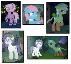 Size: 3024x2728 | Tagged: safe, artist:razorbladetheunicron, lotus blossom, oc, oc:frozen aurora, oc:lilac, oc:lost woods, oc:prairie, earth pony, monster pony, original species, piranha plant pony, pony, augmented tail, base used, chains, corrupted, everfree forest, evil, female, group, lateverse, mare, next generation, offspring, parent:birch bucket, parent:limestone pie, parent:lotus blossom, parent:soarin', parents:limin', parents:lotusbucket, piranha plant, ponyville