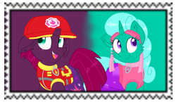 Size: 1440x834 | Tagged: safe, artist:rainbow eevee edits, artist:徐詩珮, fizzlepop berrytwist, glitter drops, tempest shadow, unicorn, series:sprglitemplight diary, series:sprglitemplight life jacket days, series:springshadowdrops diary, series:springshadowdrops life jacket days, alternate universe, clothes, cute, female, glittershadow, lesbian, paw patrol, shipping, stamp