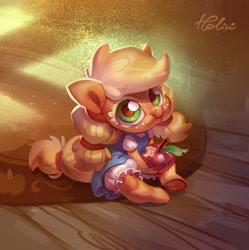 Size: 2067x2072 | Tagged: safe, artist:holivi, derpibooru import, applejack, anthro, earth pony, unguligrade anthro, apple, bloomers, clothes, cute, dress, female, filly, filly applejack, foal, food, freckles, frog (hoof), holivi is trying to murder us, jackabetes, looking at you, pigtails, smol, solo, sweet dreams fuel, underhoof, weapons-grade cute, younger