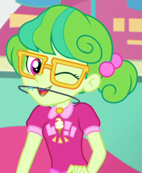 Size: 832x1014 | Tagged: safe, screencap, stella sprinkles, better together, choose your own ending, equestria girls, tip toppings, braces, cashier, cropped, cute, female, glasses, looking at you, one eye closed, orthodontic headgear, pigtails, smiling, solo, twintails, wink