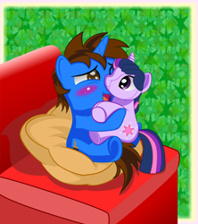 Size: 1920x2160 | Tagged: safe, artist:spellboundcanvas, oc, oc:andoanimalia, chair, hug, pillow, plushie, snuggling