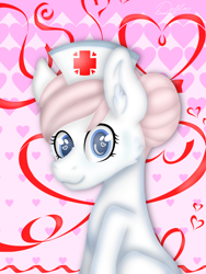 Size: 768x1024 | Tagged: safe, artist:delfinaluther, nurse redheart, earth pony, pony, bust, cheek fluff, ear fluff, female, hat, heart, heart background, heart eyes, looking at you, mare, nurse hat, portrait, ribbon, signature, sitting, smiling, solo, three quarter view, wingding eyes