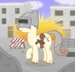 Size: 2200x2100 | Tagged: safe, artist:devfield, oc, oc only, oc:osha, earth pony, pony, ammo belt, ammo pouch, barrier, blurry background, building, cloud, concrete, cool guys don't look at explosions, dirty, door, drain, explosion, female, gradient mane, gradient tail, gun, gun holster, helmet, m1911, playerunknown's battlegrounds, rock, rubble, ruins, shading, shadow, show accurate, sky, solo, weapon, window