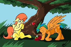 Size: 1064x696 | Tagged: safe, artist:lucas_gaxiola, fluttershy, oc, pegasus, pony, bowing, canon x oc, engagement ring, eyes closed, female, male, mare, marriage proposal, ring, shipping, signature, stallion, straight, tree