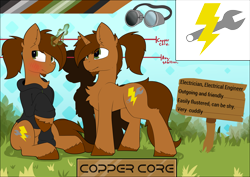 Size: 7936x5628 | Tagged: safe, artist:beardie, oc, oc only, oc:copper core, pony, unicorn, abstract background, beard, blushing, clothes, cutie mark, facial hair, goggles, grass, hoodie, magic, male, ponytail, reference sheet, sign, sitting, stallion, tall, unshorn fetlocks