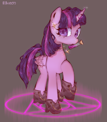 Size: 2023x2299 | Tagged: safe, artist:lilveon, twilight sparkle, twilight sparkle (alicorn), alicorn, pony, alchemy, alternate universe, boots, female, folded wings, glowing horn, horn, jewelry, magic, magic circle, mare, mouth hold, shoes, simple background, solo, wings