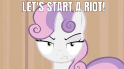 Size: 636x355 | Tagged: safe, edit, edited screencap, editor:undeadponysoldier, screencap, pony, unicorn, for whom the sweetie belle toils, angry, female, filly, looking at you, riot, solo, song reference, talking to viewer, three days grace