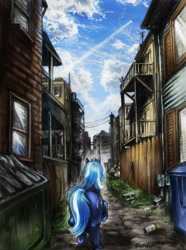 Size: 596x800 | Tagged: safe, artist:balthasar999, oc, oc only, pony, unicorn, fanfic:p-theory, alleyway, dumpster, fanfic, fanfic art, fanfic cover, fence, pencil drawing, pony on earth, traditional art